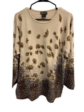 In-Knit Beige Brown Leaf Pattern Acrylic Crewneck Sweater Size XL Gorpcore Boho